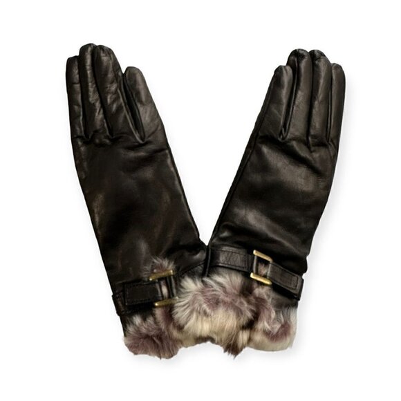 Sermoneta Leather Cashmere Lined gloves with Rabbit fur Trim size 7.5, Black NWT - Picture 2 of 12